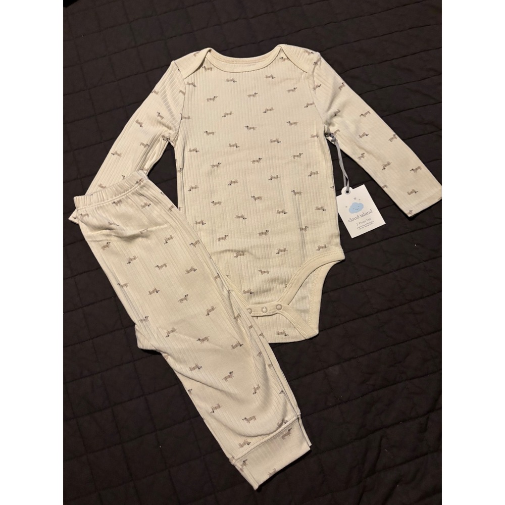 Cloud Island Baby 2-Piece Ribbed Bodysuit & Jogger Set Dachshund Dog Print Cream